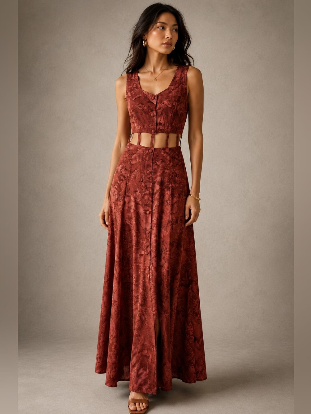 Vintage Cutout Maxi Dress | 90s Earth Tone Button Front Dress | Western Boho